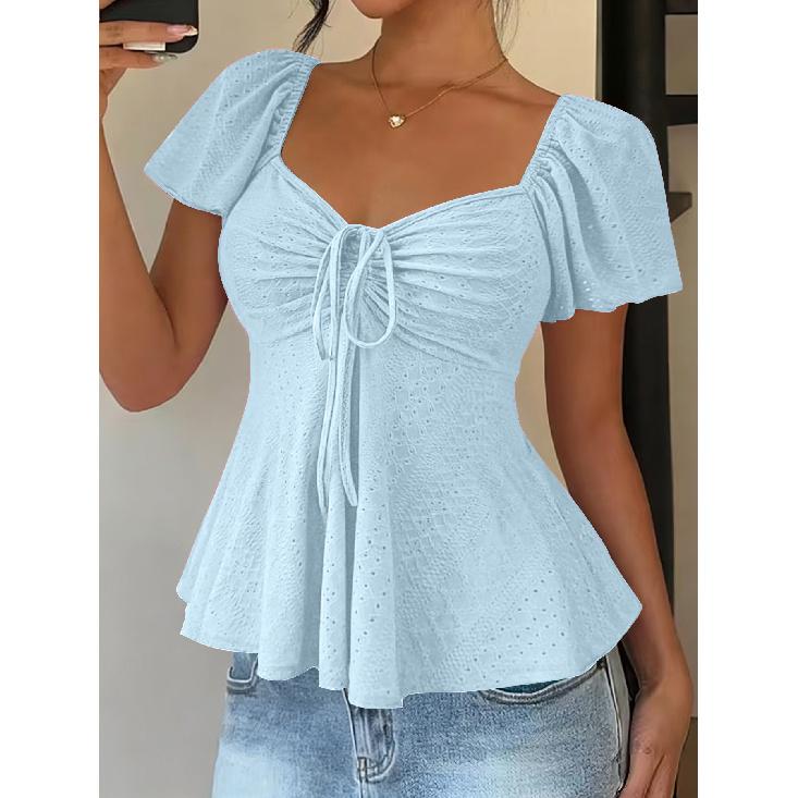 2026 Summer New V-neck Drawstring Tie Sexy Short Sleeve Solid Color Women's T-shirt
