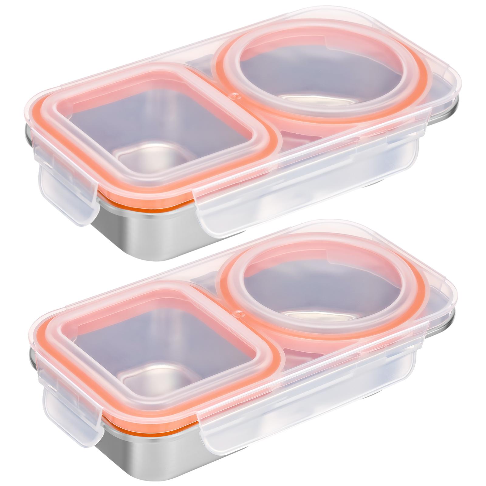 

2Pcs Stainless Steel Food Divided Box 2/3 Grids Fresh-keep Snack Storage Container Snap On Bento Meal Tray for School Office Gym