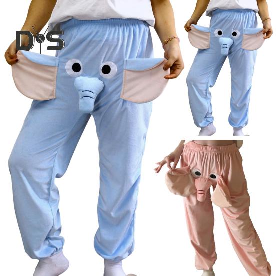 Calças de pijama com estampa de elefante de desenho animado, pernas largas, design feminino, masculino, calças de salão, cós elástico, cintura média, calças de pijama