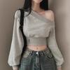 Spring Autumn Slant Neck Off Shoulder Hoodie for Women Loose Embroidered Short Top with Exposed Belly Button