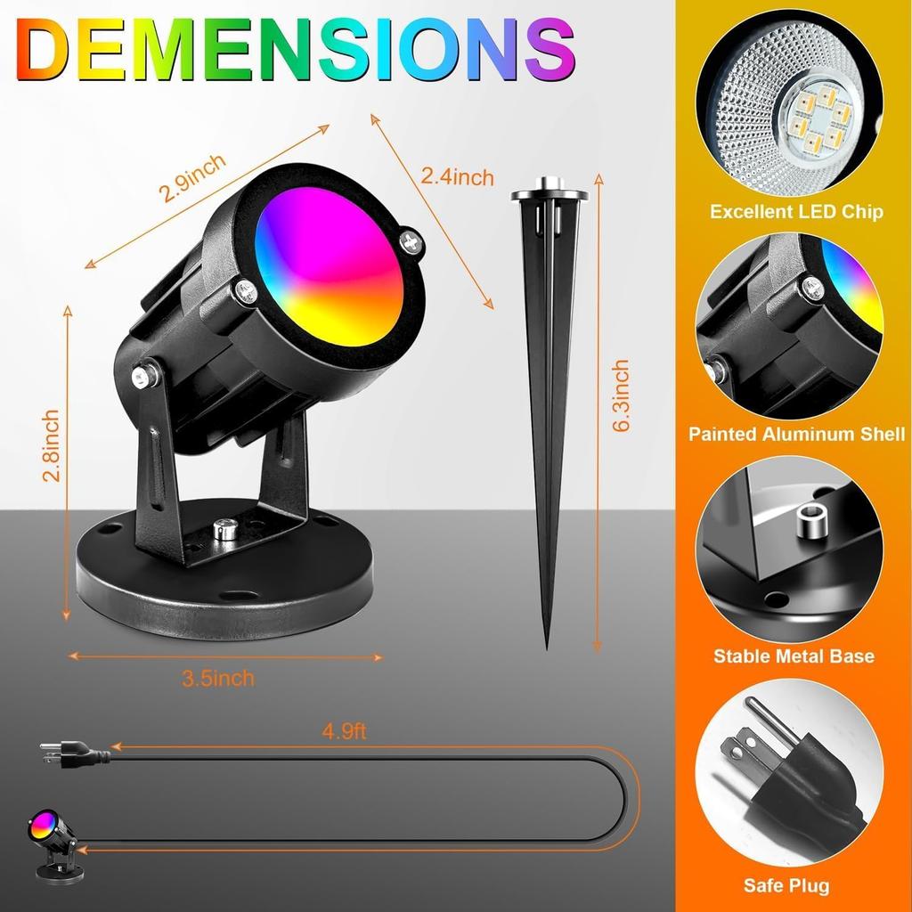 RGBW Landscape Lights 120V Plug in - 16 Colors & Modes Color Changing Metal Spotlights with Remote for Outdoor Yard Garden Pathway Trees