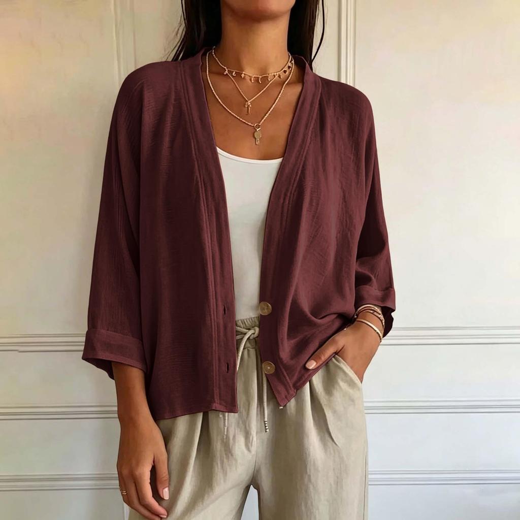 Women's Color V-Neck Long Sleeve Loose Fit Cardigan for Casual Daily Wear