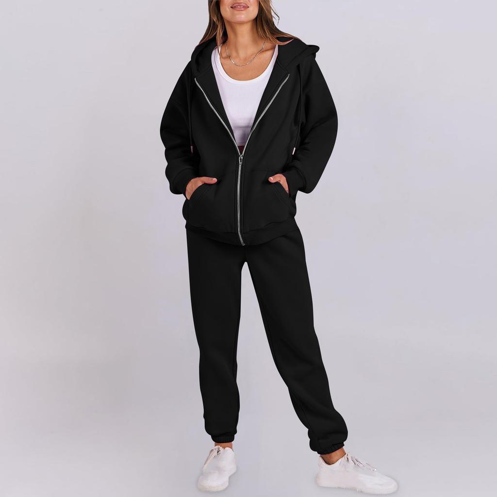 Women's Fashion Hooded Long Sleeve Color Zipper Elastic Waist Loose Sweatshirt Set