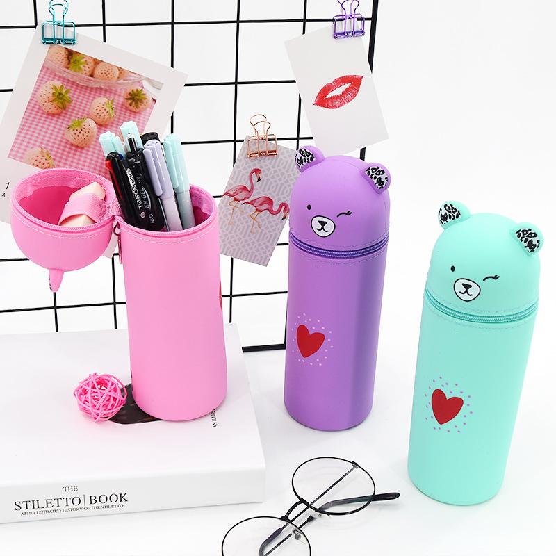 Cartoon Bear Kawaii Canvas Fabric Pencil Case Soft Silicone Zipper Pen Holder Students Convenient Exam Stationery Storage U+