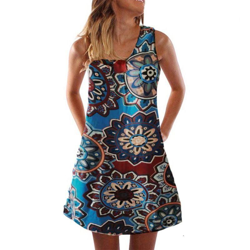 

Printed Slip Dress with a Sleeveless Dress Print Spaghetti Straps Sleeveless Dress National Wind Blue S