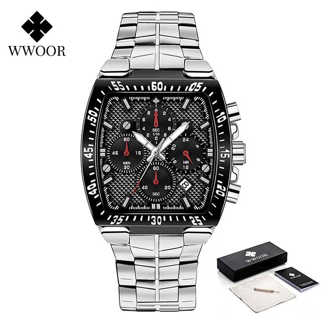 WWOOR Military Watch Men Chronograph Sports Watch For Men Luxury Square Stainless steel Quartz Waterproof Wristwatch Male Clock