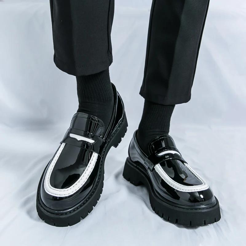 Comfortable Casual Men's Shoes Spring Summer New Style Thick Heel Slip-On Large Size Fashionable All-Match Leather Shoes