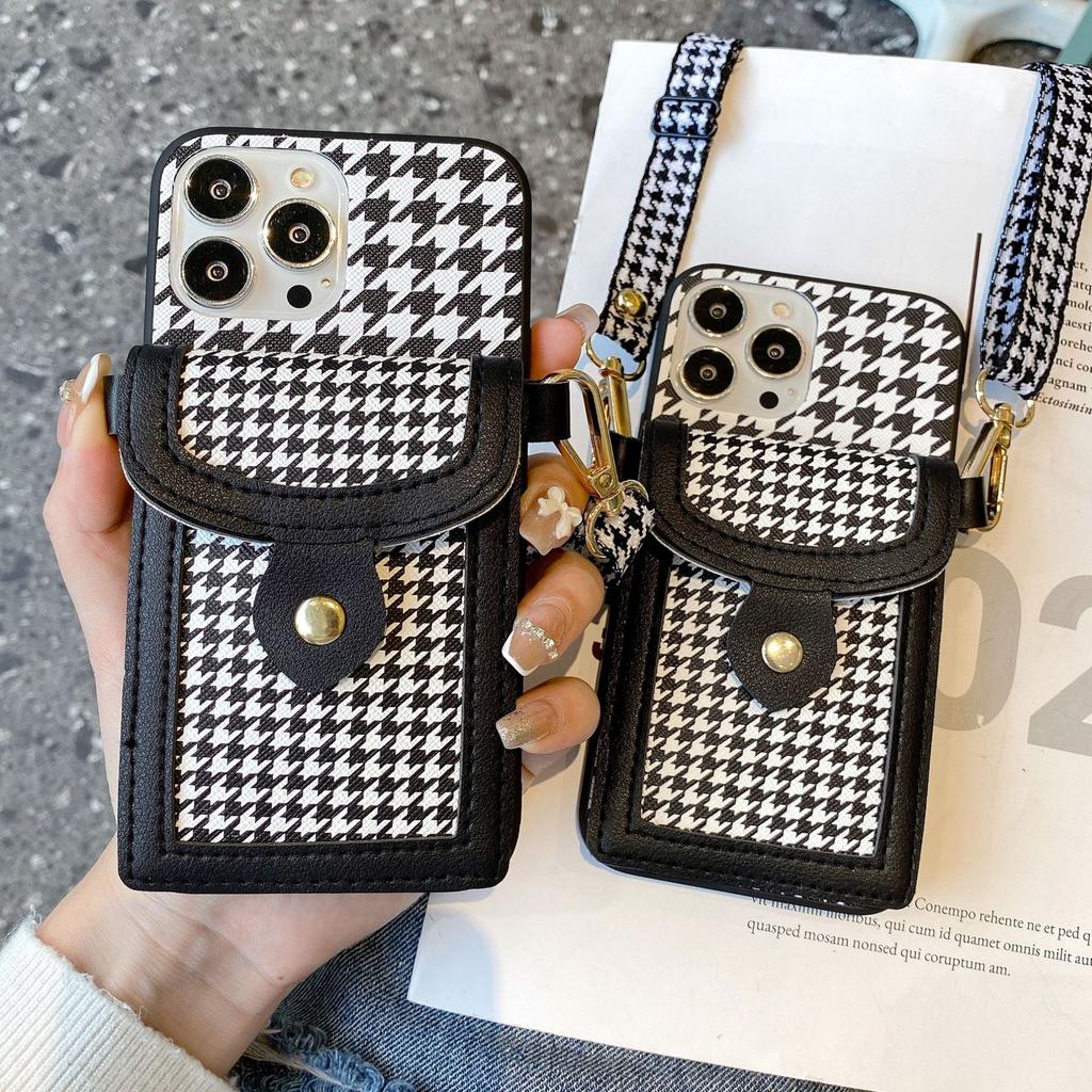 Applicable To iphone11Pro Mobile Phone Case Diagonal Span Lanyard 7G/8Plus Plug-in Card Plaid Protective Case Japan and Korea