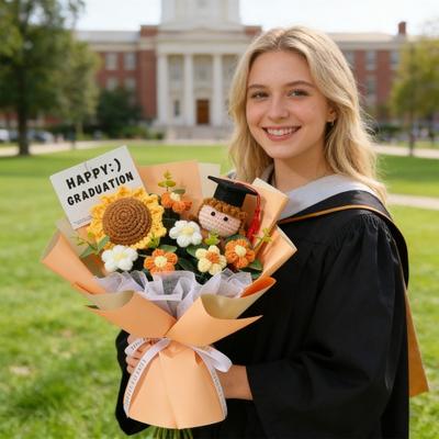 Handmade Crochet Flower Bouquet Completed Knitted Sunflower Puff Flower Doll Graduation Bouquet Teacher