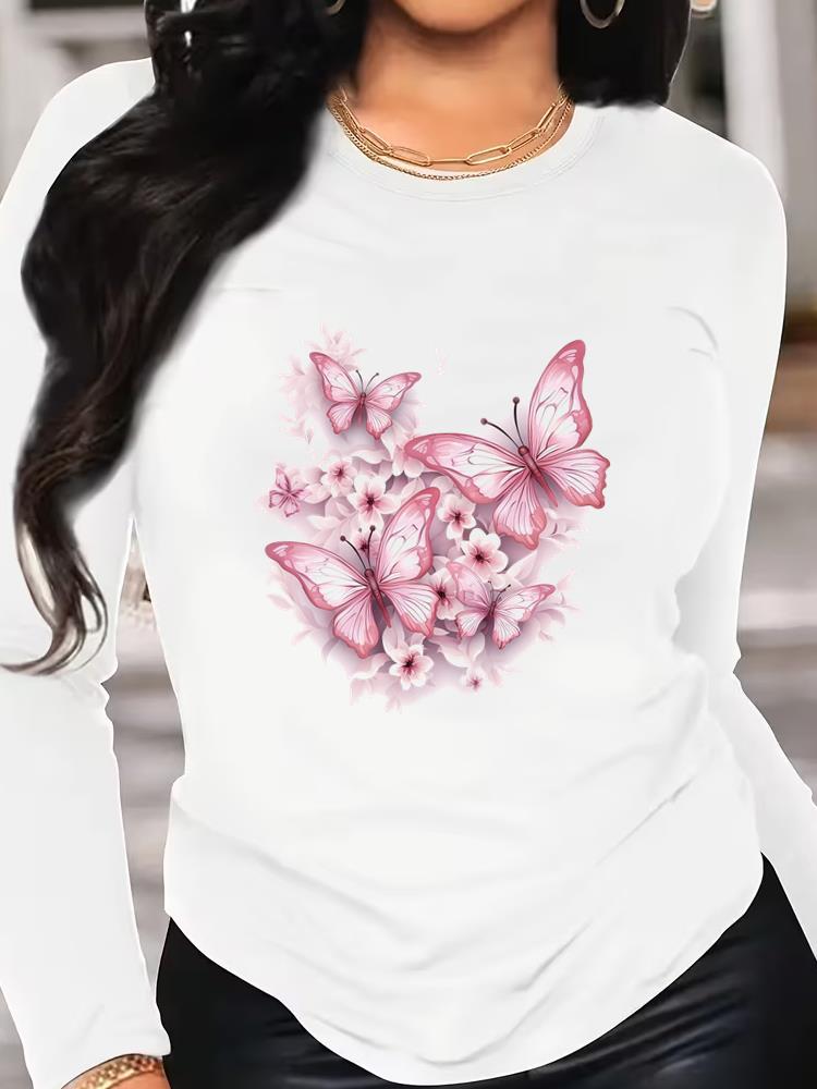 (Asian Size) T Shirt Tee Women Clothing Butterfly Cute Long Sleeve Print Autumn Winter Spring Casual Fashion Top O-neck Graphic T-shirts