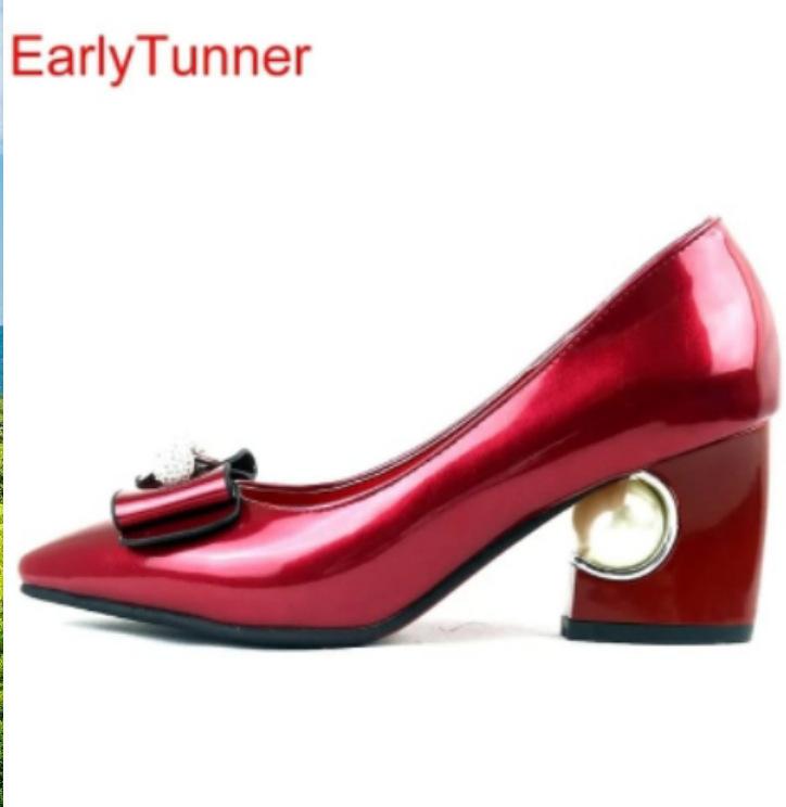 

Spring, summer and autumn new sweet bow middle heel single shoes women s sexy pointed rhinestone thick heel shoes 39
