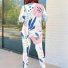 Women Plus Size Two Piece Set Round Neck Long Sleeve Printed Top And Fitted Pants