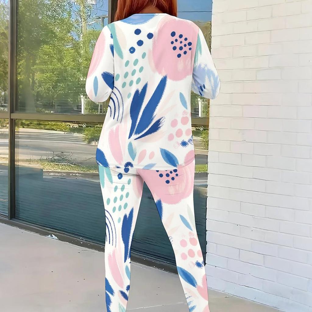 Women Plus Size Two Piece Set Round Neck Long Sleeve Printed Top And Fitted Pants