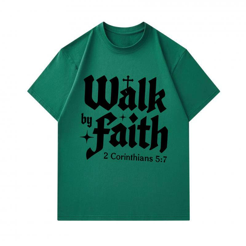 Men's 100% Cotton Crew Neck Short Sleeve T-Shirt, Walk by Faith 2 Corinthians 5:7 Christian Religious Print Casual Soft Breathable Daily Top for Men