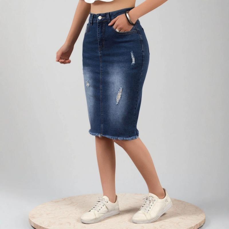 Women S Distressed Bodycon Denim Midi Skirt Spring Summer Versatile