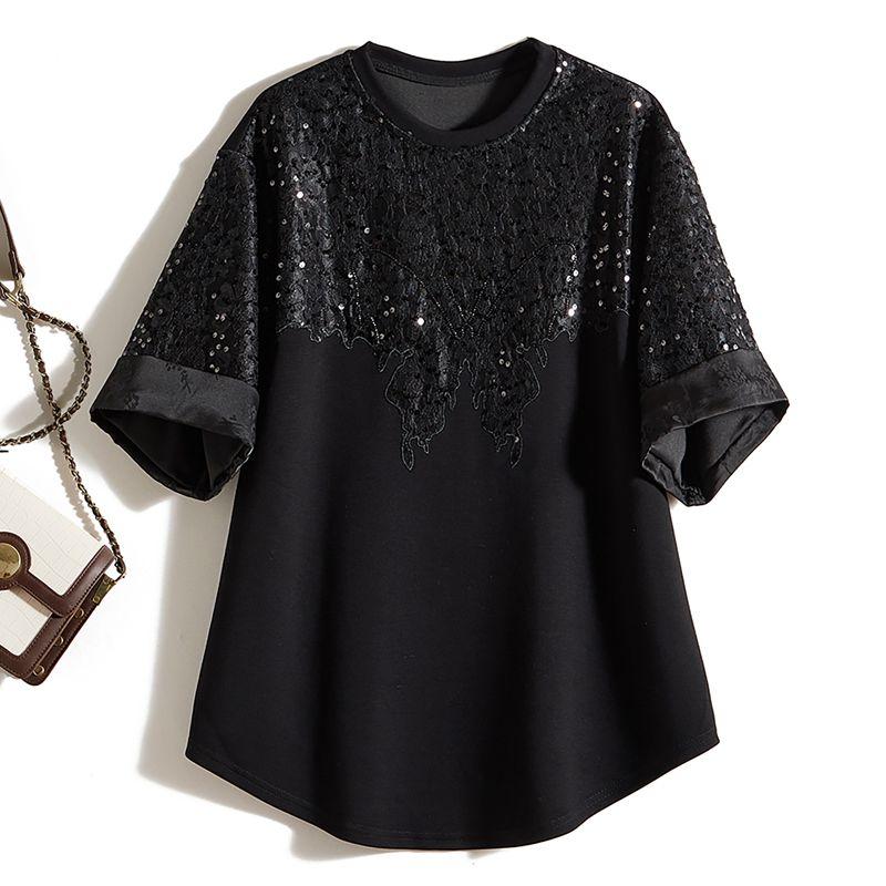 

European Goods Large Area Embroidered Sequins! Cool Women Flash round Neck Raglan Sleeve Pansy Black T-shirt Slimming 2025 Black L