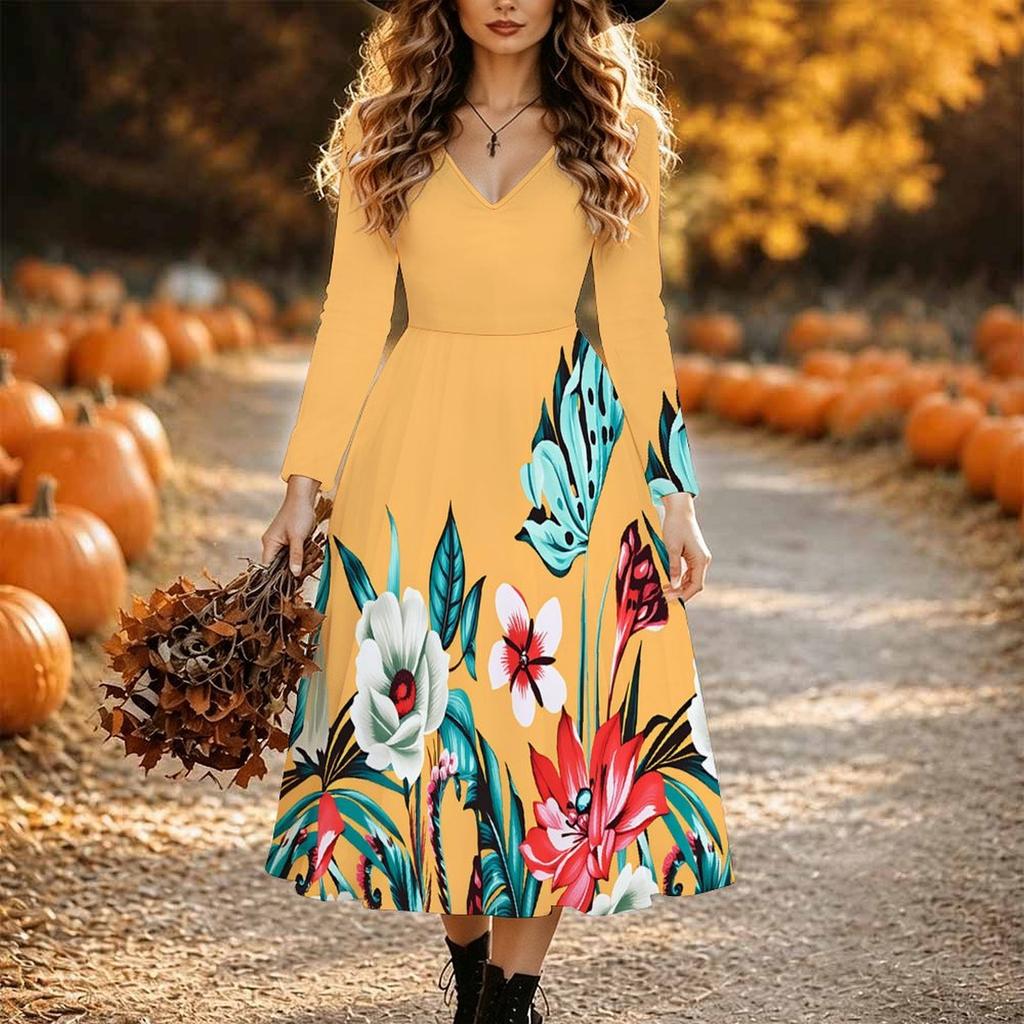 Halloween Women's Vintage Pattern Print Midi Dress A Line Dress Vacation Casual Daily Regular Fit Long Sleeve V Neck Black Spring Fall