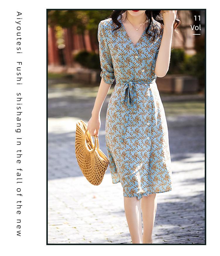 High-End Floral Mulberry Silk Mid-Length Dress