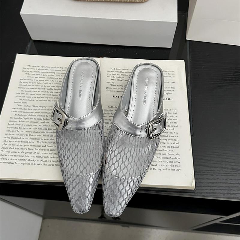 

Fashion Bailamos 2025 Summer New Women Slippers Fashion Round Toe Slip On Laofer Shoes Soft Flat Heel Mesh Ladies Casual Mary Jane Shoes 39 серебряный