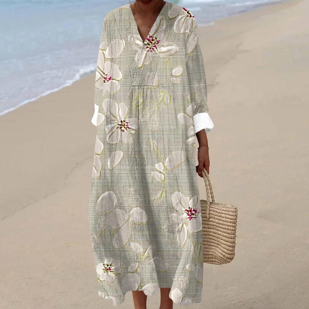 Kadın Günlük Moda V Yaka Uzun Kollu Çiçek Desenli Maksi Elbise