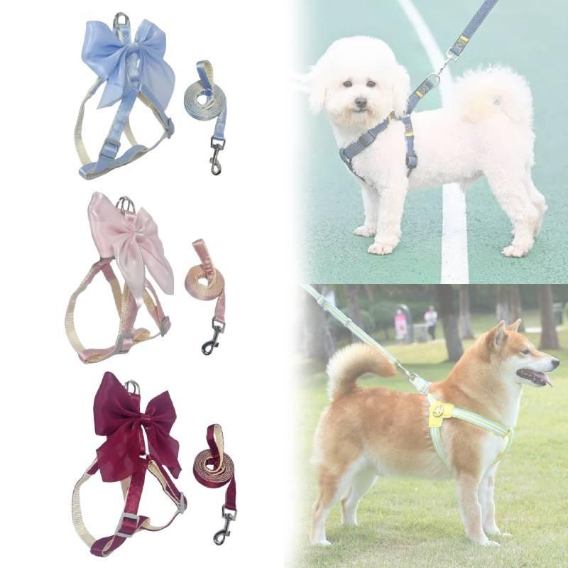 Pet Dog Leash Set With Bright Silk Large Bowknot Chest Harness For Small Dogs And Cats