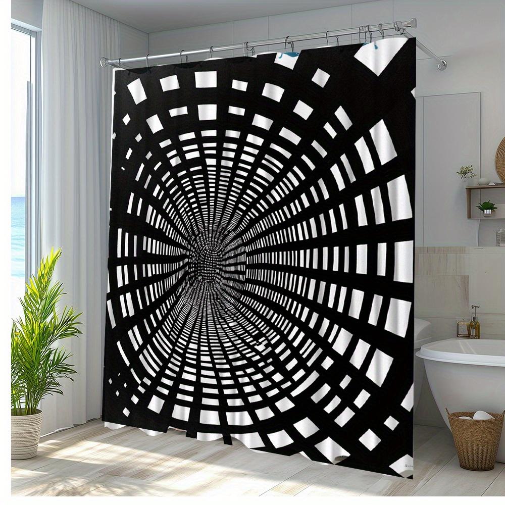 3D Tunnel Design Shower Curtain-Black And White Geometric Pattern, Polyester Fabric With 12 Hooks, Decorative Shower Curtain