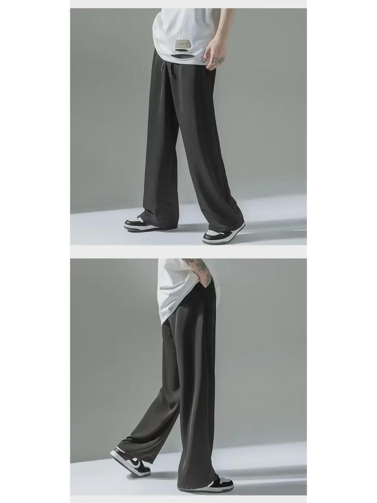 Men's Summer Ice Silk Wide-Leg Pants - Loose, Straight, Floor-Length Suit Pants