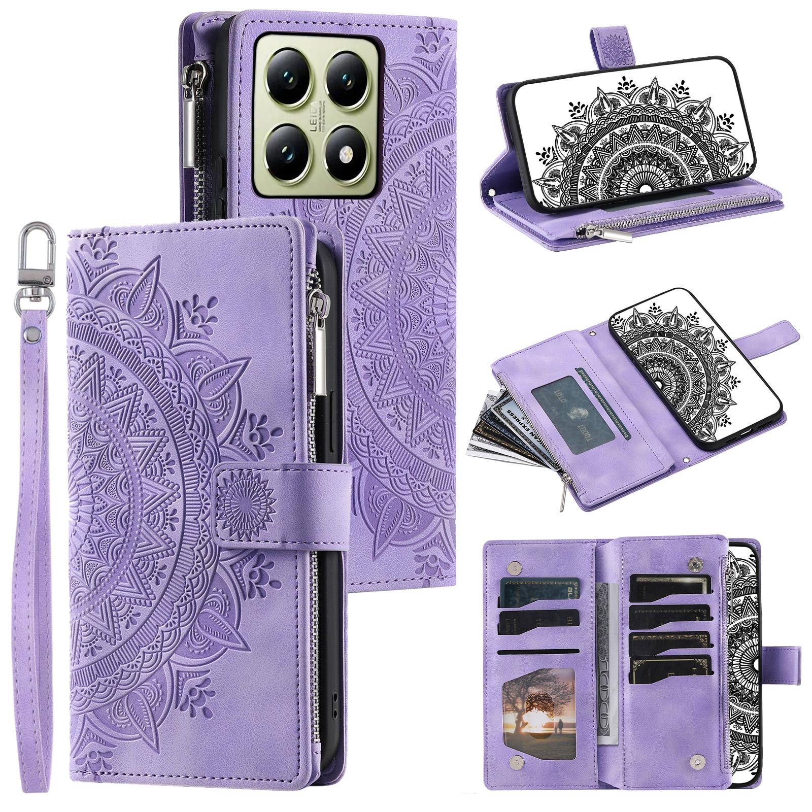 

Style 006 For Xiaomi 14T Phone Case Mandala Flower Pattern PU Leather Zipper Wallet Stand Cover Purple