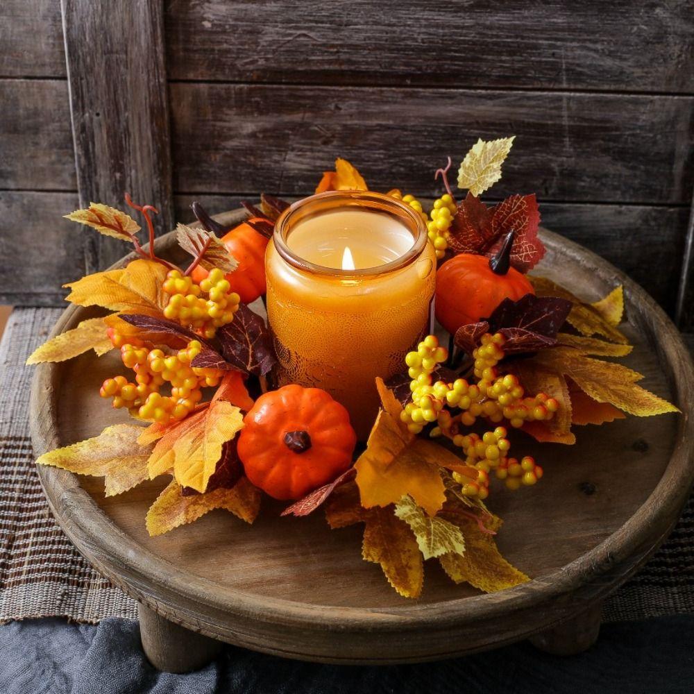 Simulated Maple Leaf Autumn Candle Wreath Faux Maple Leaf Harvest Decor Candle Ring Table Centerpiece 1pc Fall Candle Holder