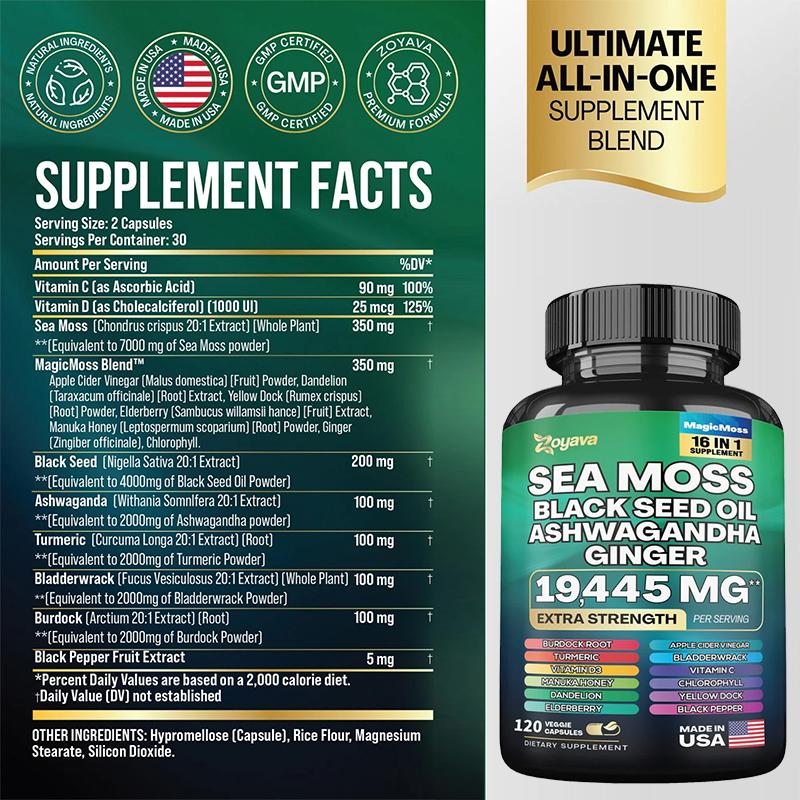 Seaweed Black Seed Oil, Turmeric Yellow Seaweed Supplement 120 Capsules