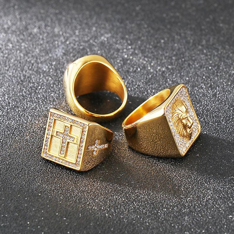 Hip Hop Men's Lion Head/Cross /Tai Chi Signet Ring Stainless Steel Shinny Zircon Ring