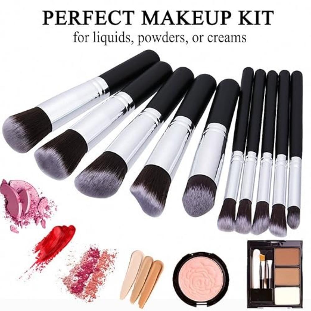 Premium Synthetic Kabuki Foundation Face Powder Blush Eyeshadow Brush Makeup Brush Kit with Blender Sponge and Brush Cleaner (10 Pcs, Black/Silver)