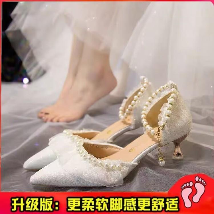 2025 Summer Luxury Silk White Wedding Shoes for Women Pearl Ankle Straps High Heels Pumps Woman Pointed Toe Heeled Dress Shoes
