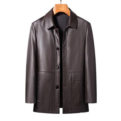 Men's Casual Sheepskin Leather Jacket: Turn-Down Collar, Ideal for Spring/Autumn, Perfect for Middle-Aged and Elderly.