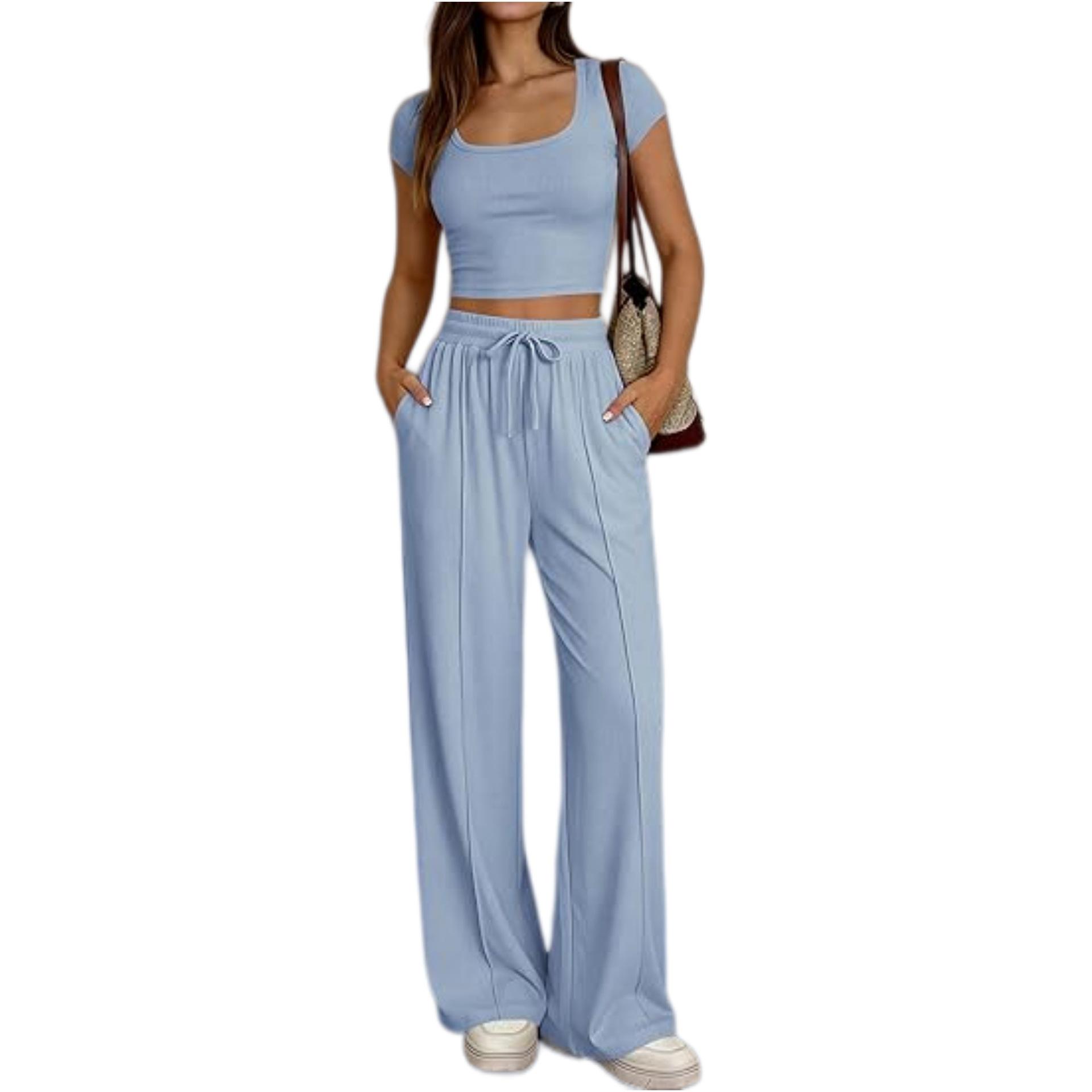 

Cross2026 Spring Women s Casual Slimming Two-Piece Set: Short Sleeve Top & Long Pants XXL небесно-голубой