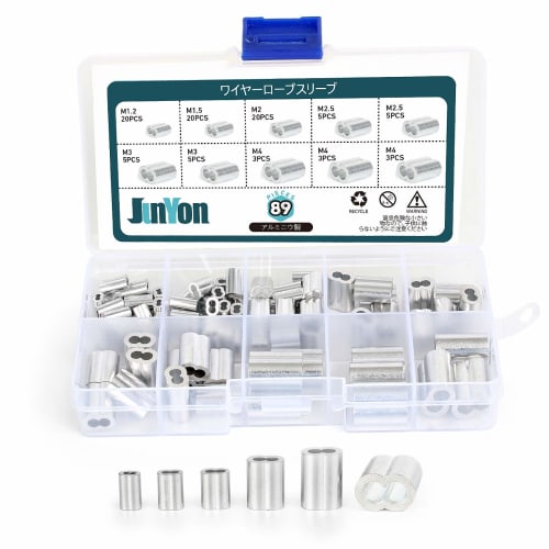 

JUNYON Wire Rope Sleeves, Aluminum Sleeves, Crimp Loop Sleeves, Rope Chucks, Silver, Aluminum, 6 Sizes (M1.2, M1.5, M2, M2.5, M3, M4), 89 Pieces