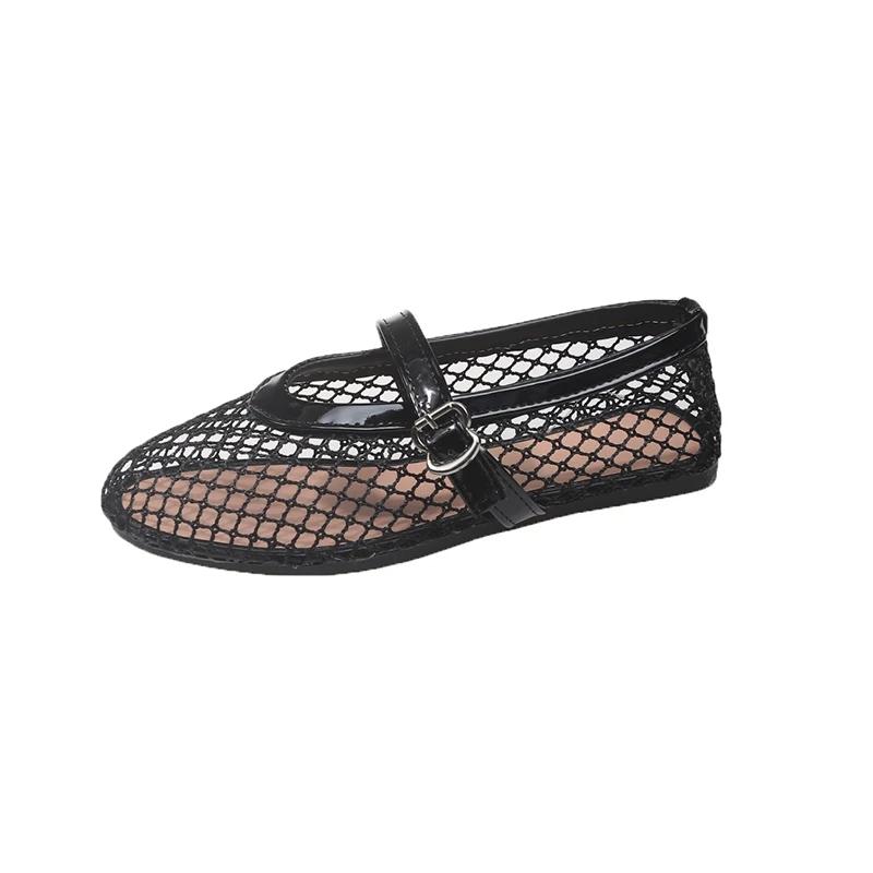 Fashion Mesh Ballet Shoes Women's Spring and Summer New Round Toe Shallow Mouth Cutout Mesh Breathable Flat Sandals