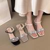 Summer New Rhinestone Word Sandals Women's Retro Ethnic Style Square Head Roman Sandals Wear Casual Fashion Sandals