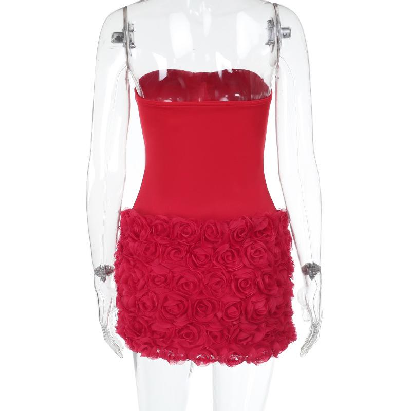 Spring Dress Women's Socialite Ethos Sexy Three-dimensional Flower Texture Strapless Dress Dress