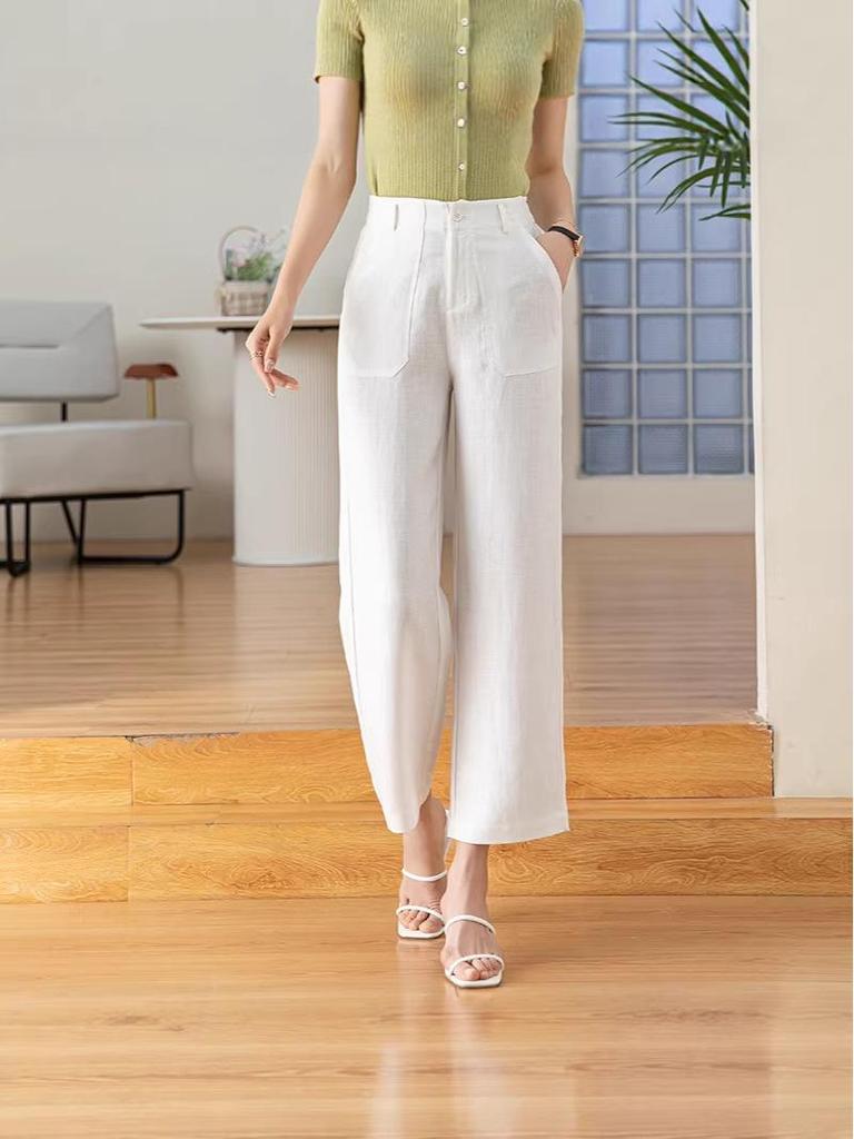 Tencel Leinen Weite Weiße Hose für Damen - Elastischer Bund, Gerade Neun-Punkt Lässig OL Professioneller Stil.