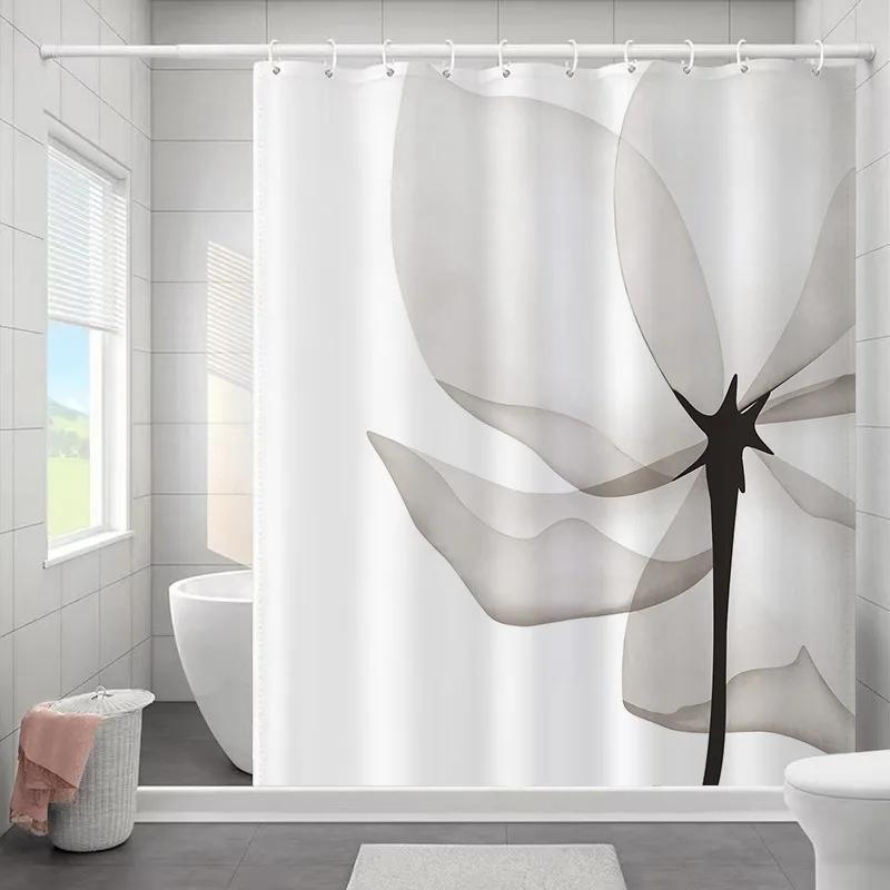 1PC Botanical Flower and Leaf Watercolor Pattern Waterproofing Bathroom Decoration Shower Curtain with Hooks Minimalist Design