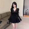 Korean pure desire style V-neck long-sleeved lace dress autumn and winter new slim-fitting waist and thin A-word short skirt women