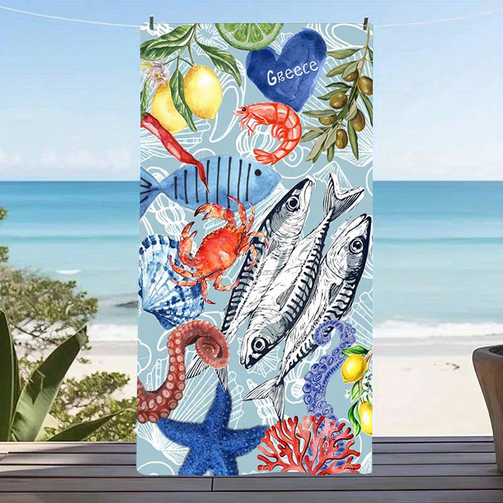 Greece Seafood Watercolor Print Beach Towel Soft Sand Resistant Pool Towel Summer Holiday Swim Outdoor Picnic Camping Travel
