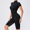 Women's Waist-Hugging Open-Neck Short-Sleeve Mesh Patchwork Yoga Jumpsuit - Fitness Sportswear
