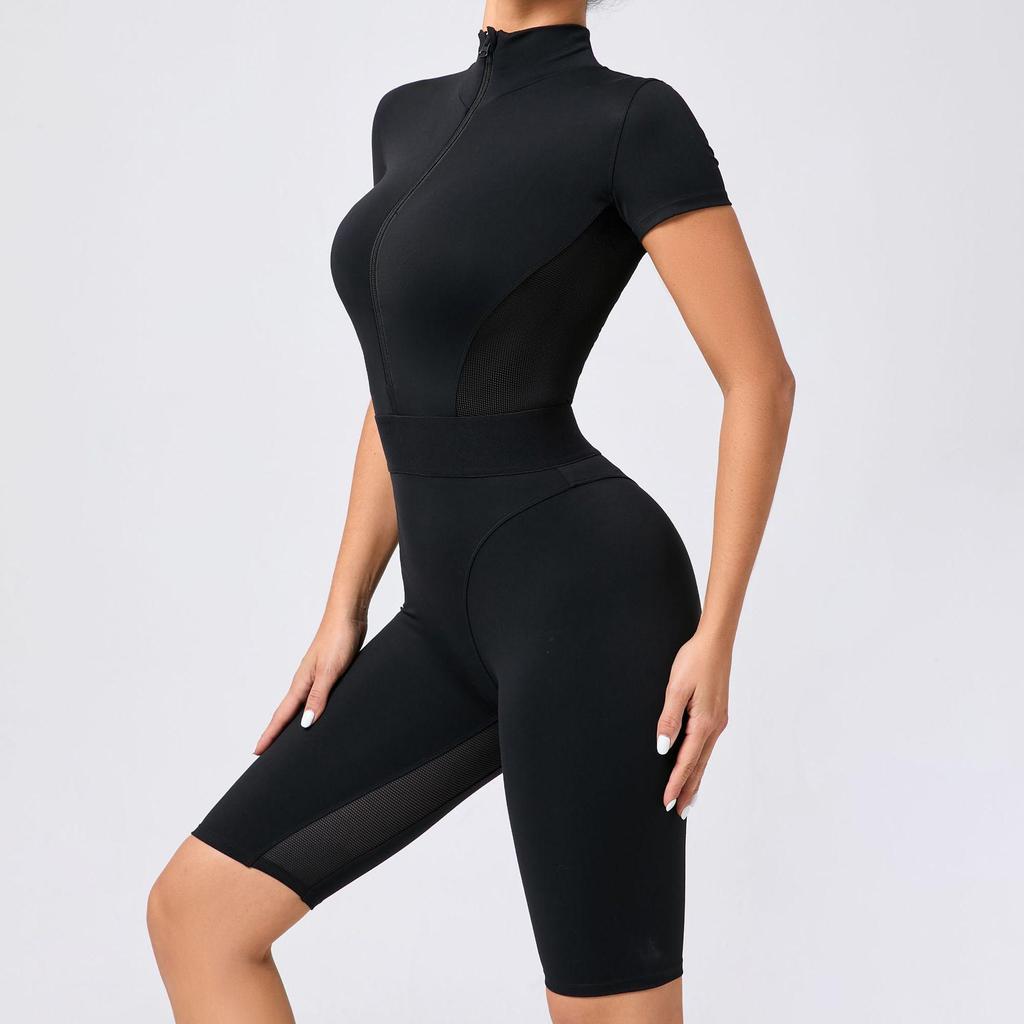 Women's Waist-Hugging Open-Neck Short-Sleeve Mesh Patchwork Yoga Jumpsuit - Fitness Sportswear