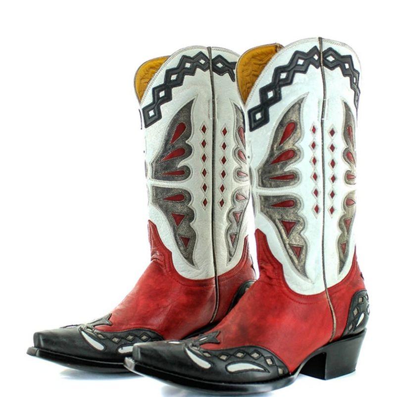 

Новый дизайн женских ковбойских сапог с квадратным носком, блочным каблуком, накладной вышивкой, больших размеров 42 43 44, повседневные до середины икры, боты 39 красный