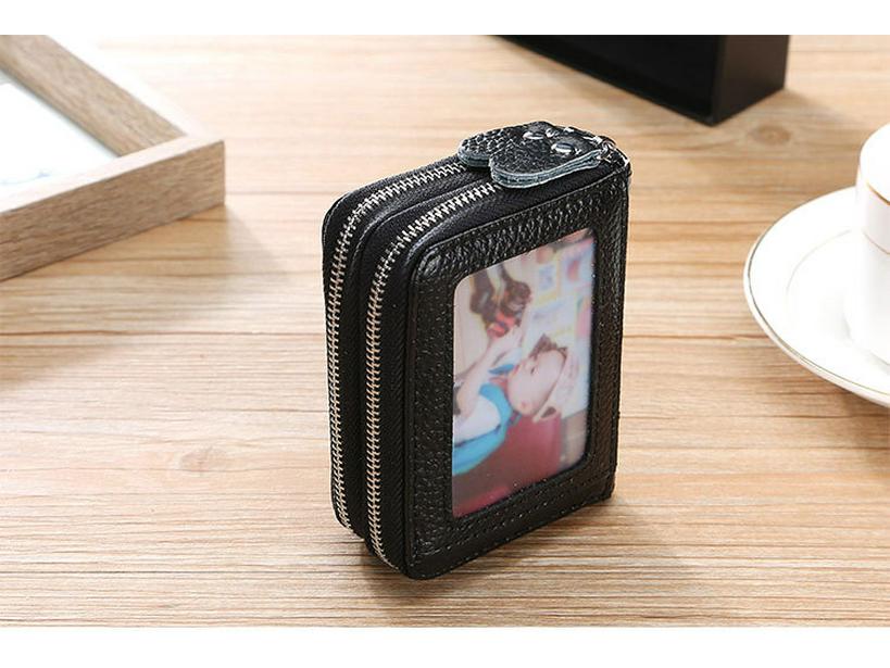RFID Cowhide Leather Card Holder & Coin Purse with Double Zipper