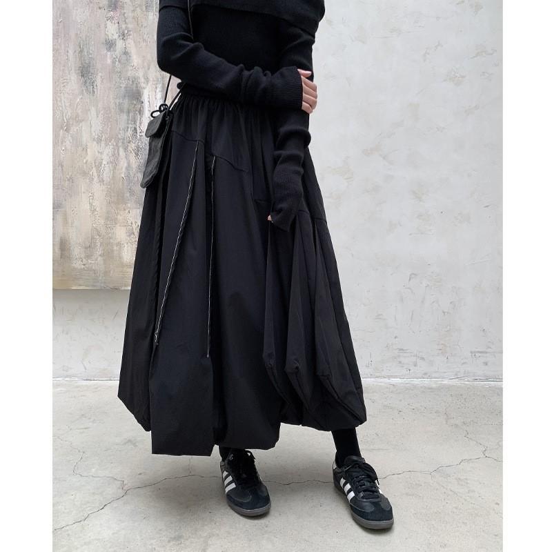 Johnature Gonna Nera Larga a Bolle Casual Semplice da Donna con Vita Elastica Autunno Inverno