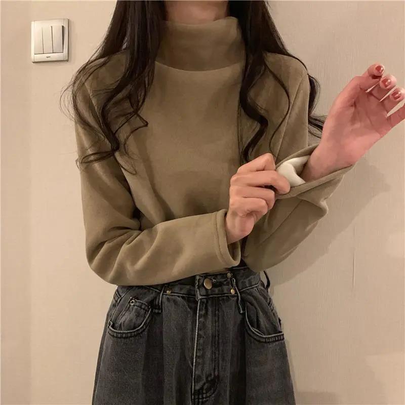 Autumn and Winter Semi-high Collar Plus Velvet Thickening Warmth and Comfort Sanding Base Shirt with T-shirt Long-sleeved Solid Color Top