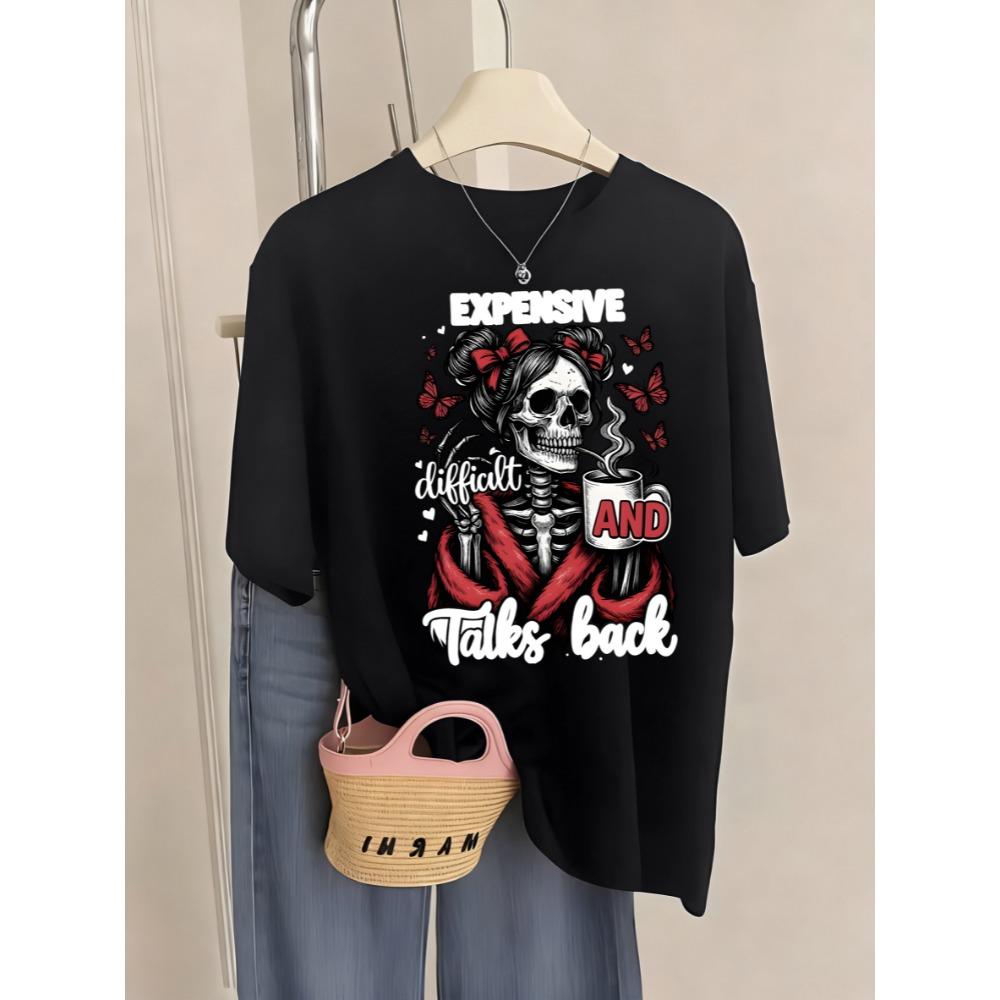 

Expensive Talks Back Coffee Butterfly Skulls Print T Shirt Women Summer O-Neck T-Shirts Y2K Soft Short Sleeve Casual Top 3XL